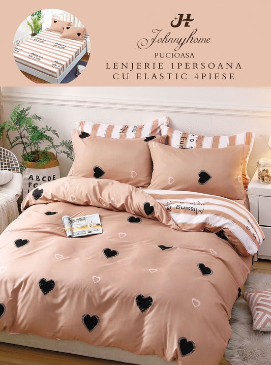 Lenjerie de pat, 1 persoana, Bumbac Finet, 4 piese, Cearceaf cu Elastic, LPE25