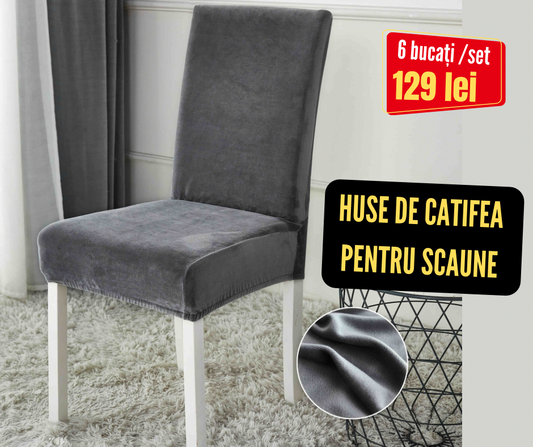 Set 6 huse scaune Catifea, cu elastic, Gri închis, HSC21