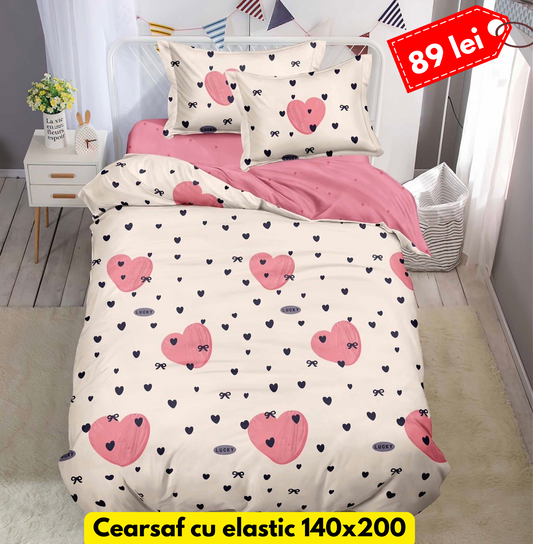 Lenjerie de pat, 1 persoana, Bumbac Finet, 4 piese, Cearceaf cu Elastic, LPE33