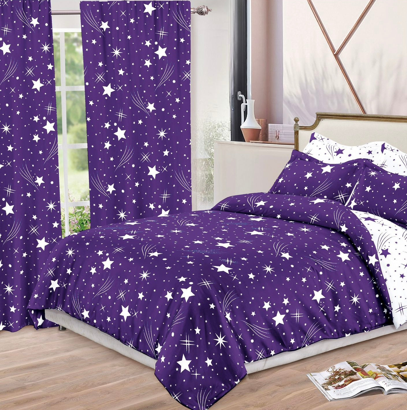 Set Lenjerie de pat Dublu Pucioasa + Draperii , set 8 piese, Mov, LDP11