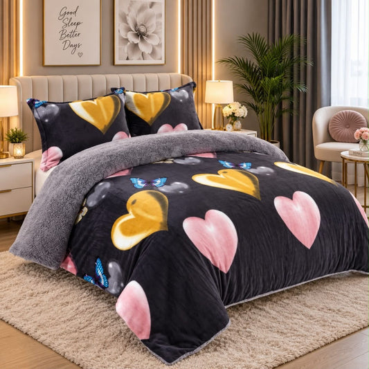 Pilotă cocolino cu blăniță + fețe de pernă, dimensiune 200x230, Negru, inimi, PLT31