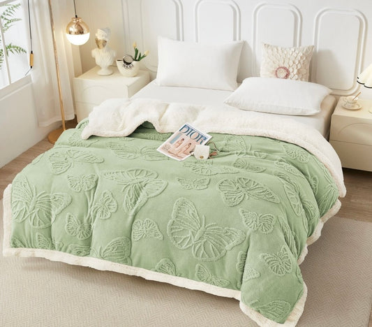 Patura Cocolino cu Blanita, Model, FLUTURI, 3D, Pat 2 Persoane, 200x230 cm, Verde-Deschis , FLT44