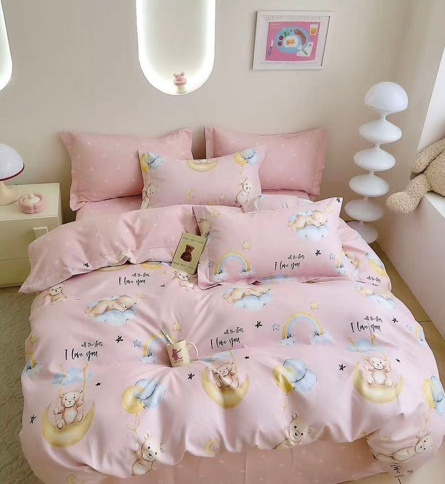 Lenjerie de pat dublu, Pucioasa, cearceaf normal sau cu elastic, Bumbac Finet, 6 piese, Roz, LJP35