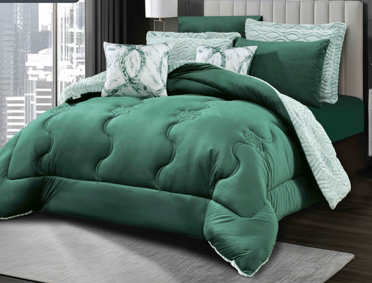 Set Lenjerie de iarnă cu PILOTĂ inclusă ,blană de iepure artificiala si catifea, 6 piese, cearceaf cu elastic, Verde, PLN11