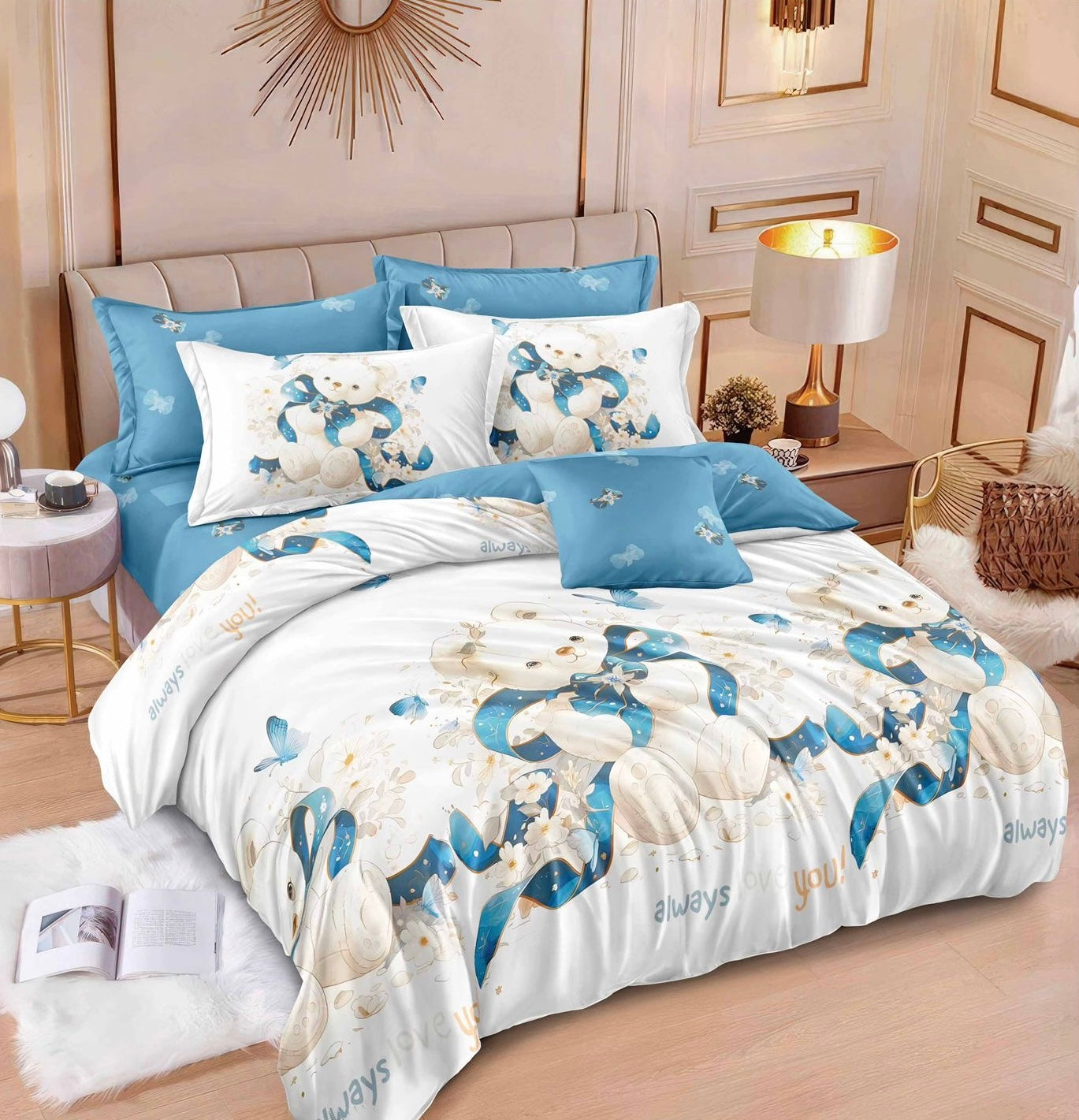 Lenjerie de pat dublu, Bumbac finet, Cearceaf cu elastic sau normal, 6 piese, Alb-Albastru, LBF56