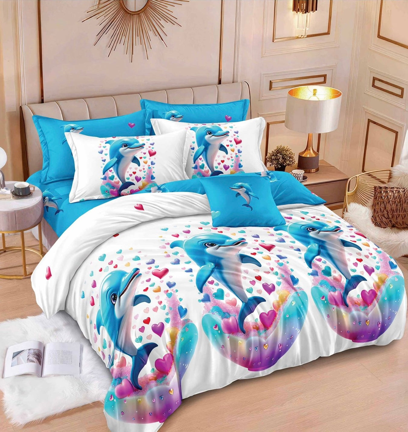 Lenjerie de pat dublu, Bumbac finet, Cearceaf cu elastic sau normal, 6 piese, Delfini, LBF44