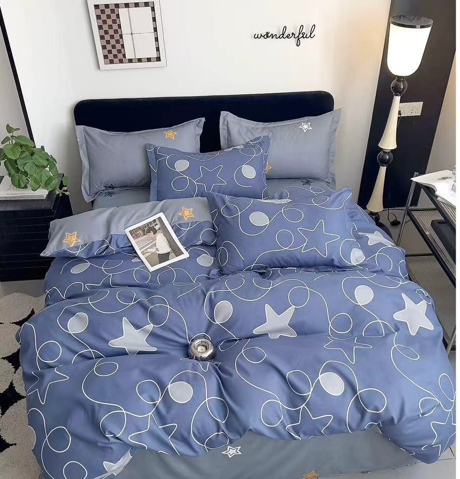 Lenjerie de pat dublu, Pucioasa, cearceaf normal sau cu elastic, Bumbac Finet, 6 piese, albastru, LJP38