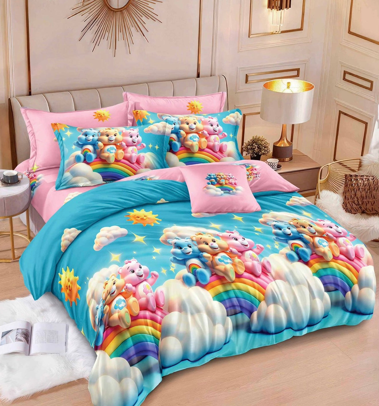 Lenjerie de pat dublu, Bumbac finet, Cearceaf cu elastic sau normal, 6 piese, Roz-Albastru, LBF52