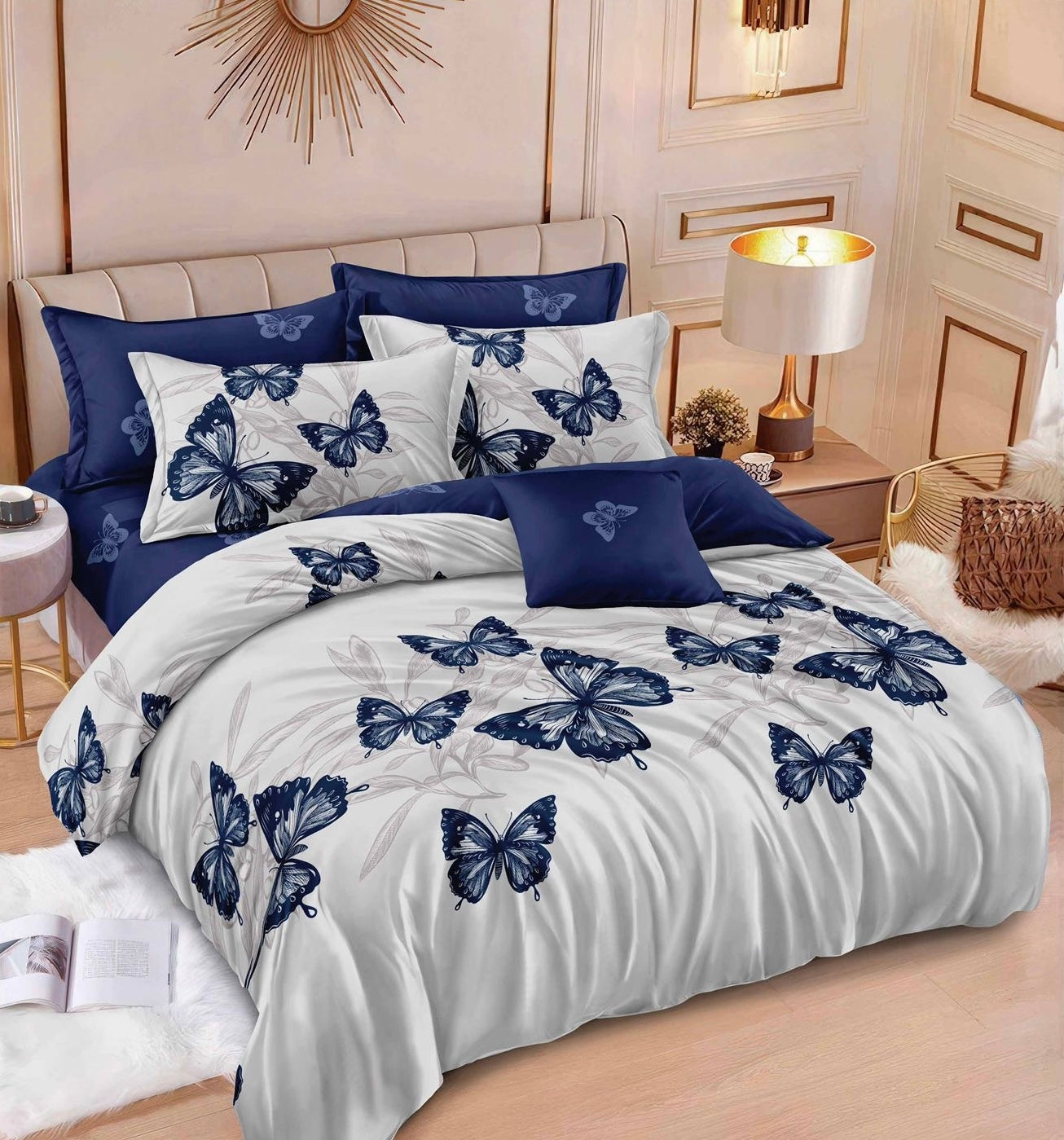 Lenjerie de pat dublu, Bumbac finet, Cearceaf cu elastic sau normal, 6 piese, Albastru-Gri Fluturi, LBF50