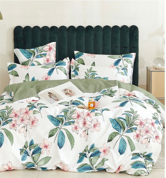Lenjerie de pat dublu Pucioasa, cearceaf normal, 6 piese, Alb-Verde Floral, LJP21