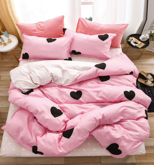 Set Lenjerie de pat dublu, Pucioasa , 6 piese, Cearceaf normal, Bumbac finet, Roz inimi, LJP12