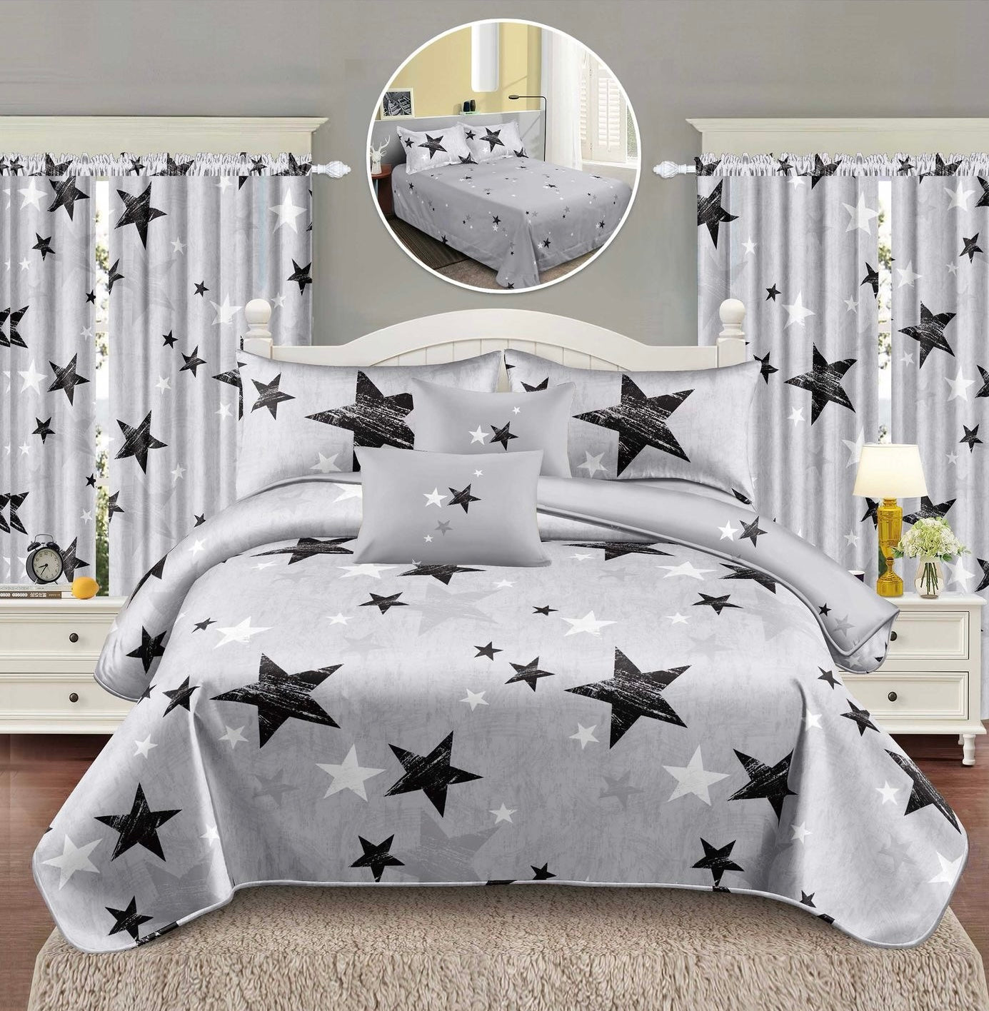 Set Lenjerie de pat Dublu Pucioasa + Draperii , set 8 piese, Gri Stele, LDP21