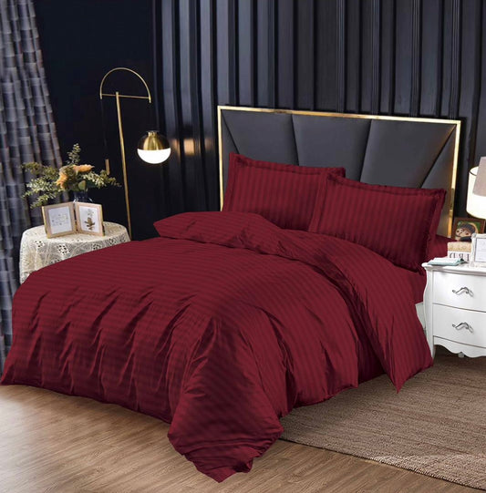 Lenjerie pat o persoana, cearceaf cu elastic 140x200, 4 piese, uni damasc, Rosu-închis, LPP02