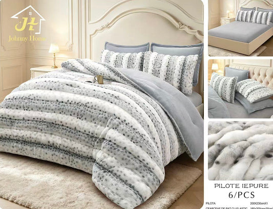 Set lenjerie de pat din blană artificială tip iepure, cu pilotă groasă inclusă – 6 piese, Gri deschis, PJH104