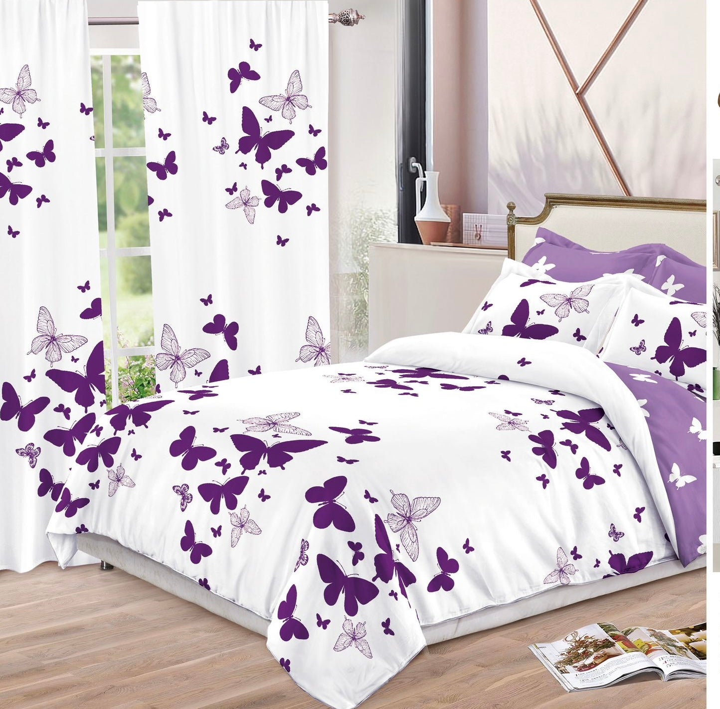 Set Lenjerie de pat Dublu Pucioasa + Draperii, 8 piese, Mov Fluturi, LDP24