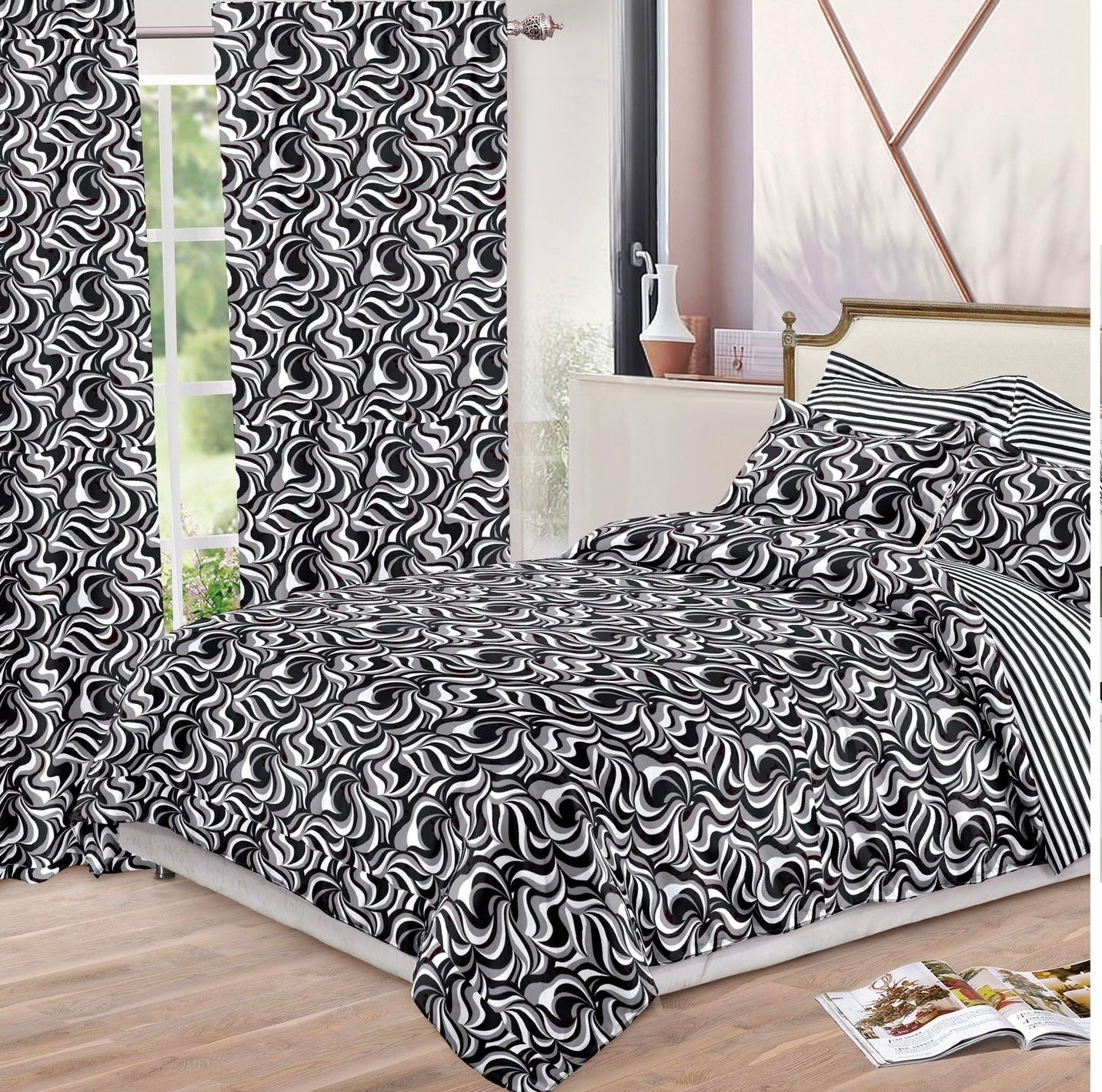 Set Lenjerie de pat Dublu + Draperii , set 8 piese, Gri , LDP07