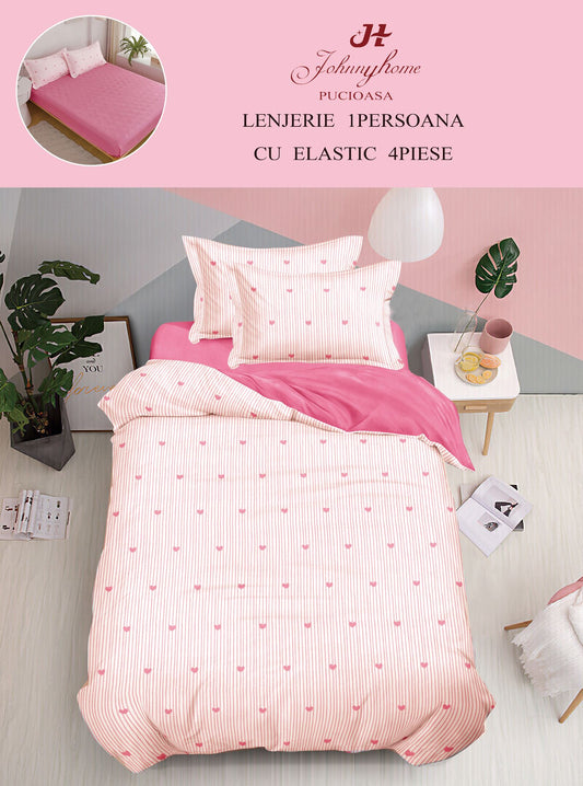 Lenjerie de pat, 1 persoana, Bumbac Finet, 4 piese, Cearceaf cu elastic 140x200, LPE51