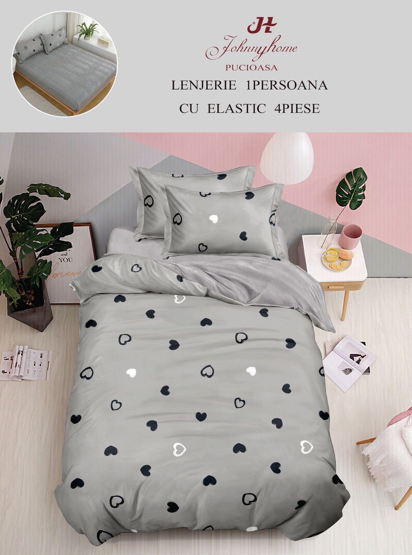 Lenjerie de pat, 1 persoana, Bumbac Finet, 4 piese, Cearceaf cu elastic 140x200, LPE49