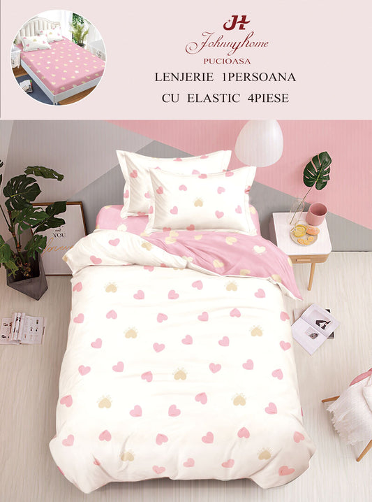 Lenjerie de pat, 1 persoana, Bumbac Finet, 4 piese, Cearceaf cu elastic 140x200, LPE47