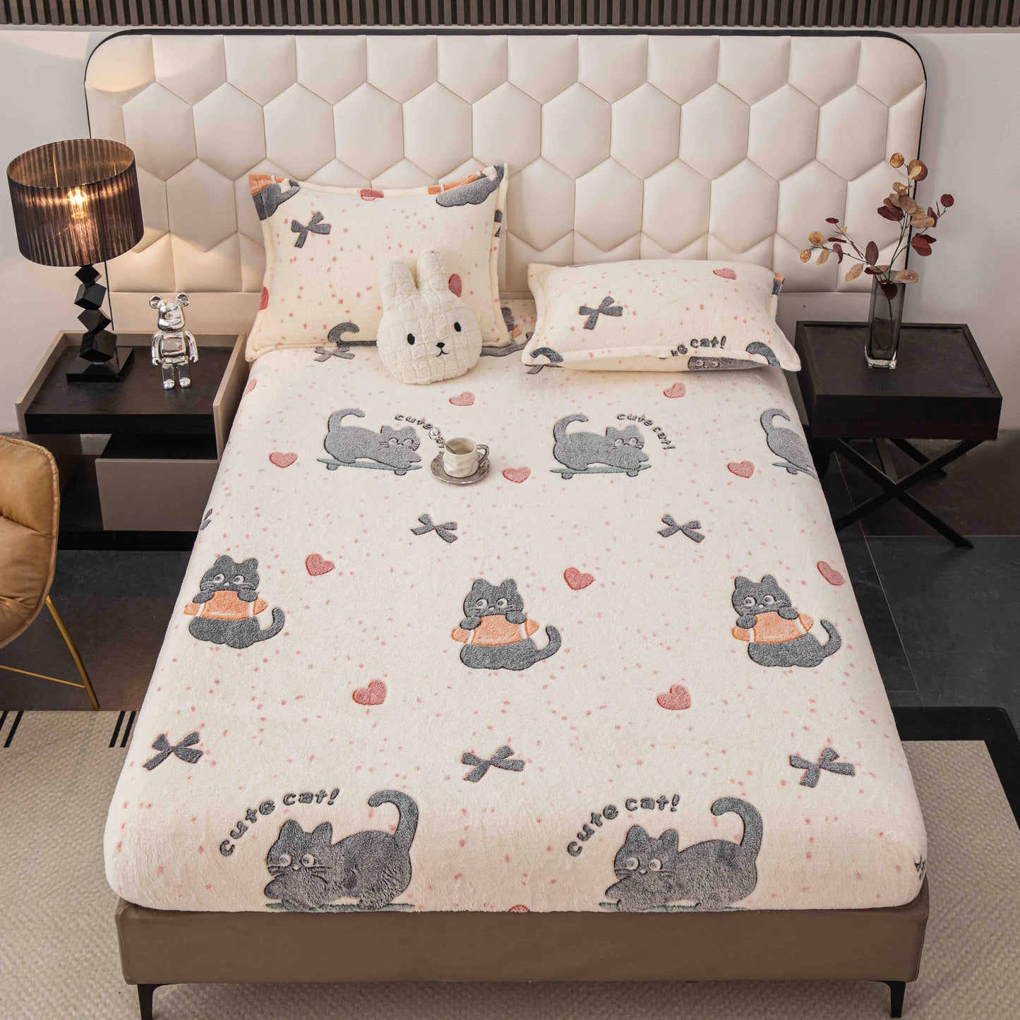 Husă groasa Cocolino cu elastic, pat dublu, 2 fețe de pernă, Pisicuțe, HPC49