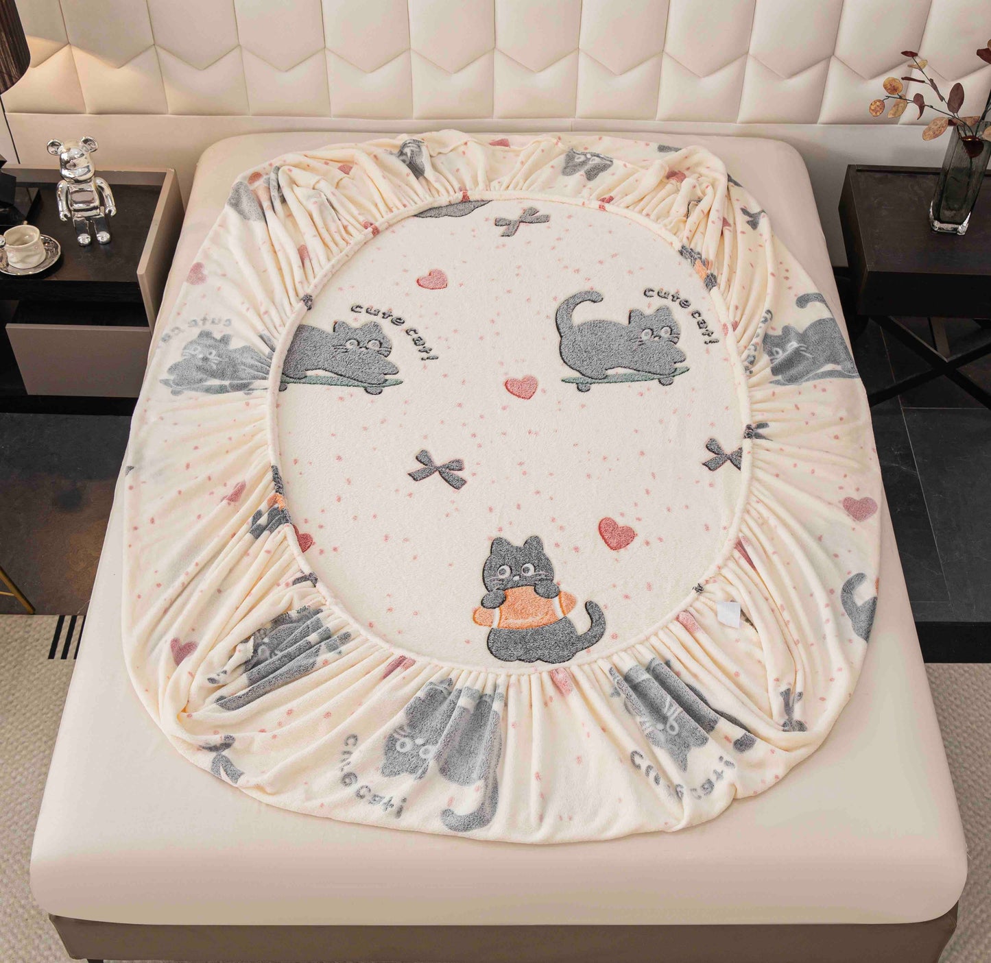 Husă groasa Cocolino cu elastic, pat dublu, 2 fețe de pernă, Pisicuțe, HPC49