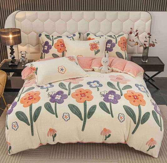 Lenjerie de pat dublu Cocolino , cearceaf cu elastic , 4 piese, floricele, Crem, LC17