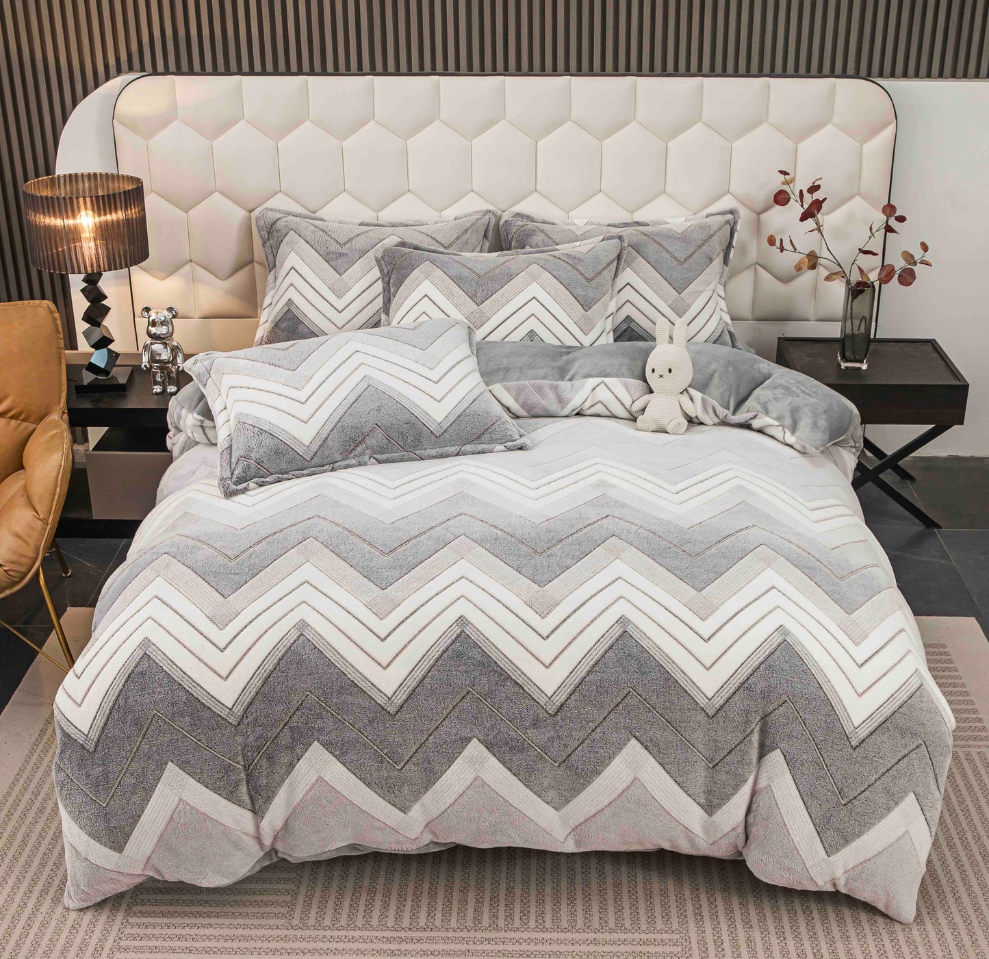 Lenjerie de pat dublu Cocolino , cearceaf cu elastic , 4 piese, Alb-Gri, Roz, LC19