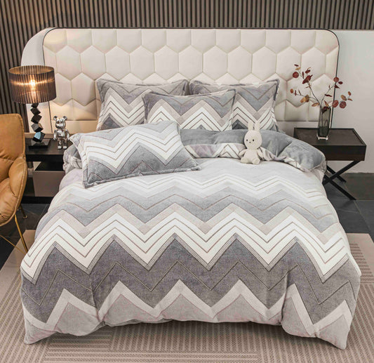 Lenjerie de pat dublu Cocolino , cearceaf cu elastic , 4 piese, Alb-Gri, Roz, LC19