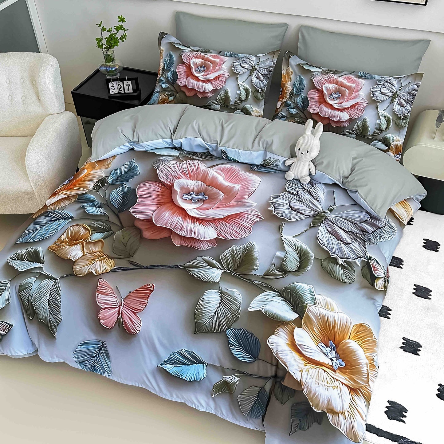 Lenjerie de pat dublu cu model 5D, set 6 piese, cearsaf cu elastic 180x200, Jojo-Home, LTC14