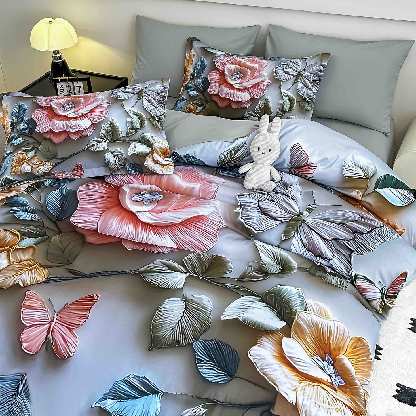 Lenjerie de pat dublu cu model 5D, set 6 piese, cearsaf cu elastic 180x200, Jojo-Home, LTC14