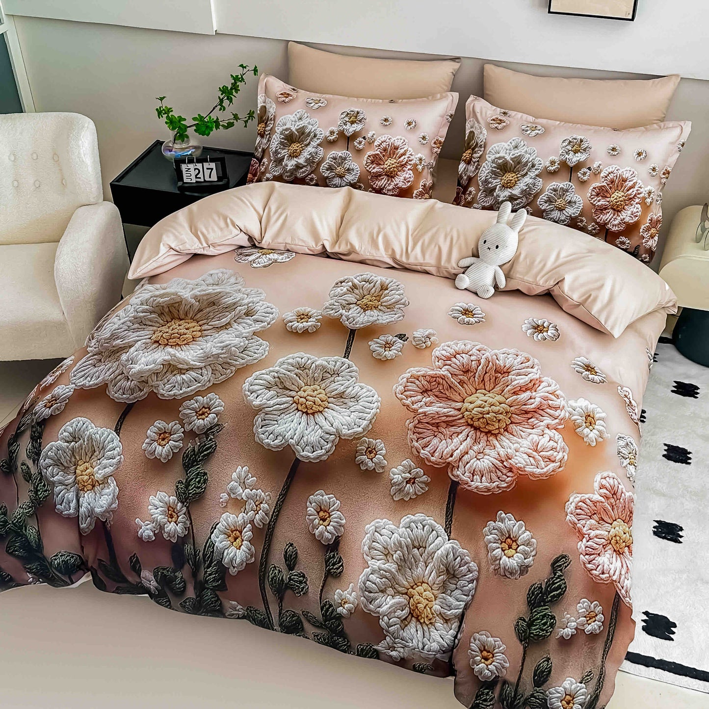 Lenjerie de pat dublu cu model 5D, set 6 piese, cearsaf cu elastic 180x200, Jojo-Home, LTC25