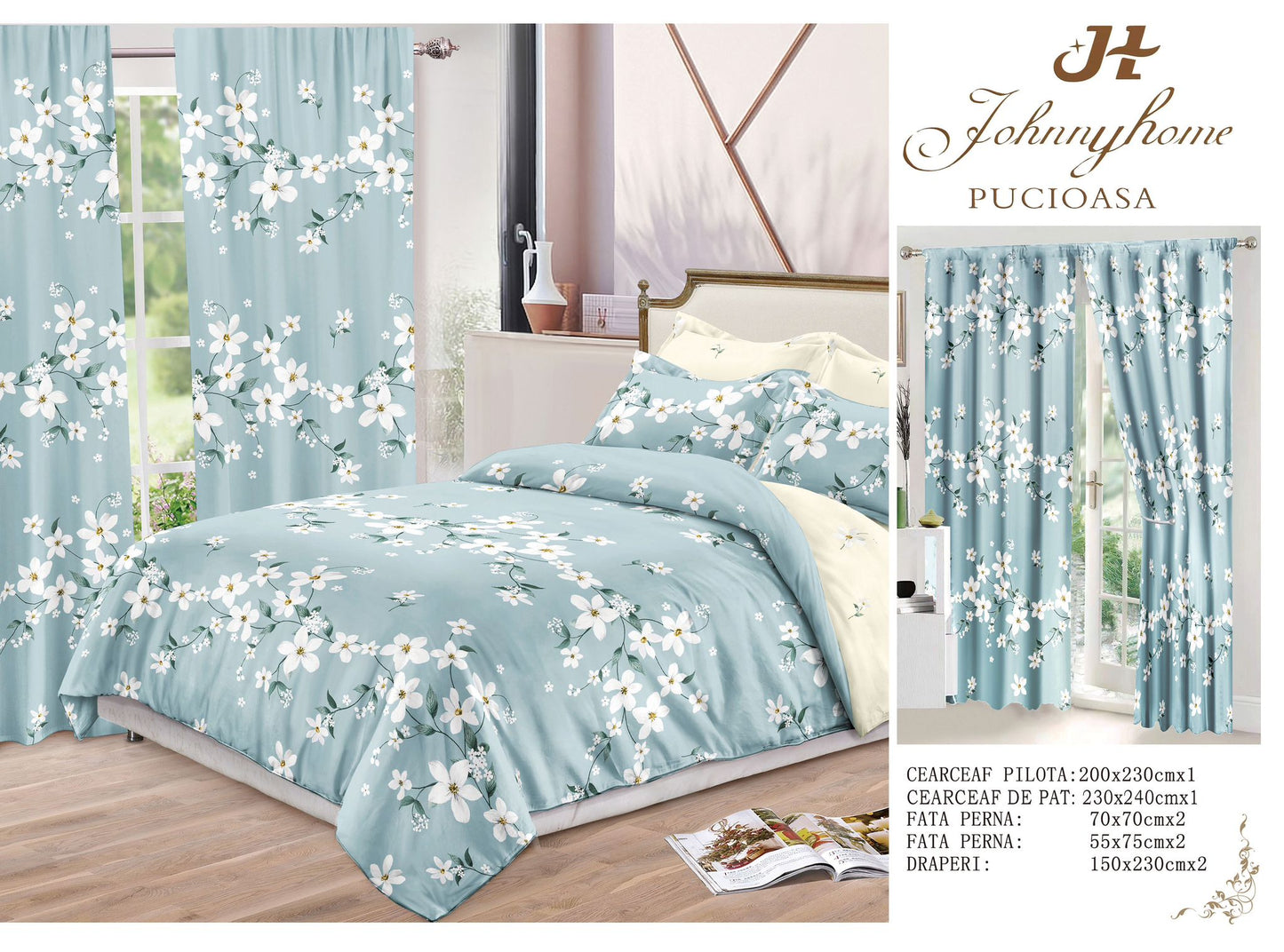 Set Lenjerie de pat Dublu Pucioasa + Draperii , set 8 piese, Flori, LDP010