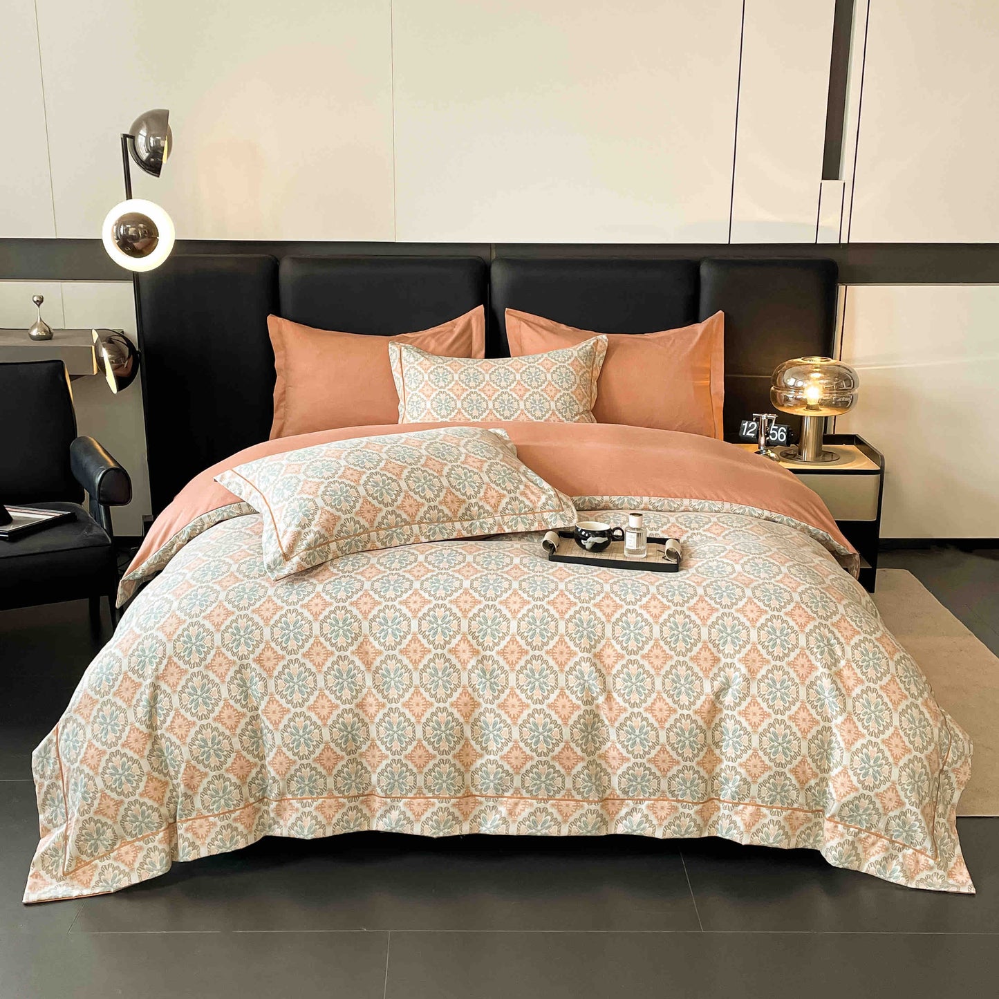 Lenjerie de Pat Dublu, Model Lux, Cutie Cadou, 6 Piese, Cearceaf cu Elastic, Bumbac, LJH-014