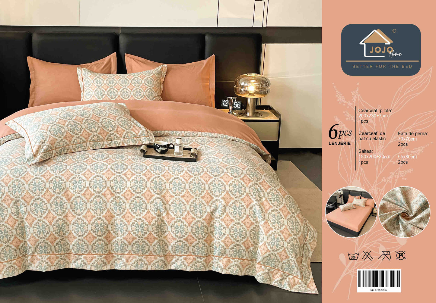 Lenjerie de Pat Dublu, Model Lux, Cutie Cadou, 6 Piese, Cearceaf cu Elastic, Bumbac, LJH-014