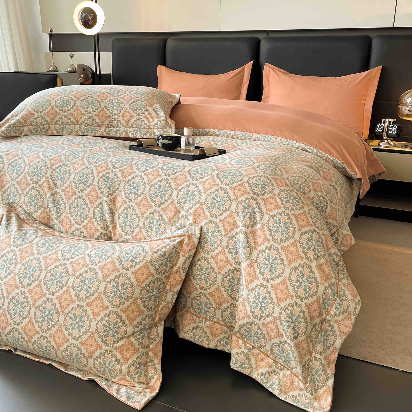 Lenjerie de Pat Dublu, Model Lux, Cutie Cadou, 6 Piese, Cearceaf cu Elastic, Bumbac, LJH-014