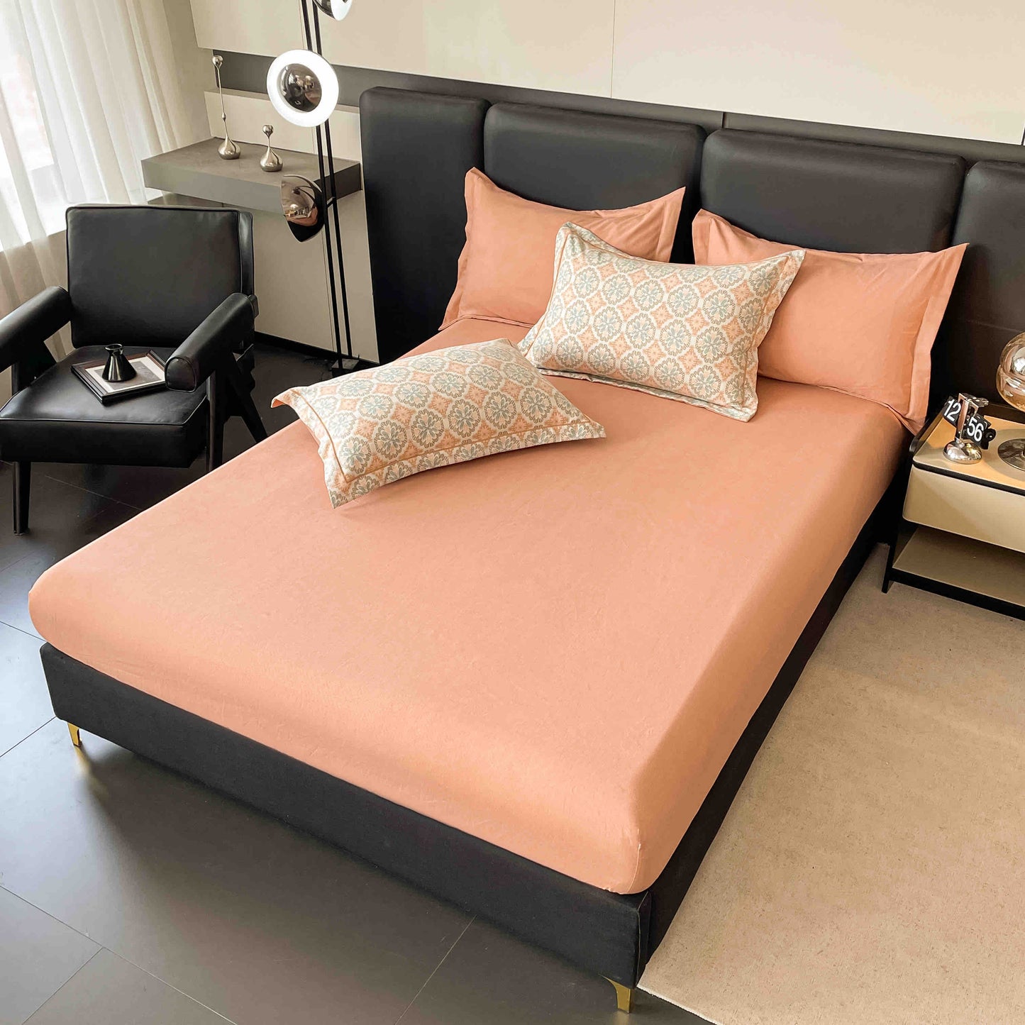 Lenjerie de Pat Dublu, Model Lux, Cutie Cadou, 6 Piese, Cearceaf cu Elastic, Bumbac, LJH-014