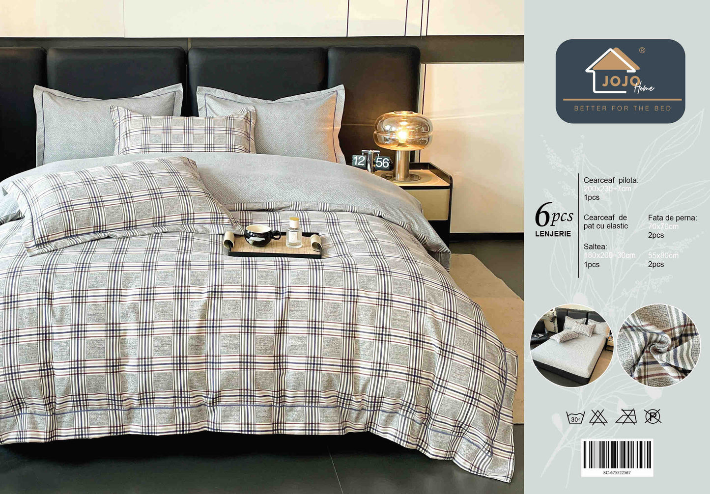 Lenjerie de Pat Dublu, Model Lux, Cutie Cadou, 6 Piese, Cearceaf cu Elastic, Bumbac, LJH-013