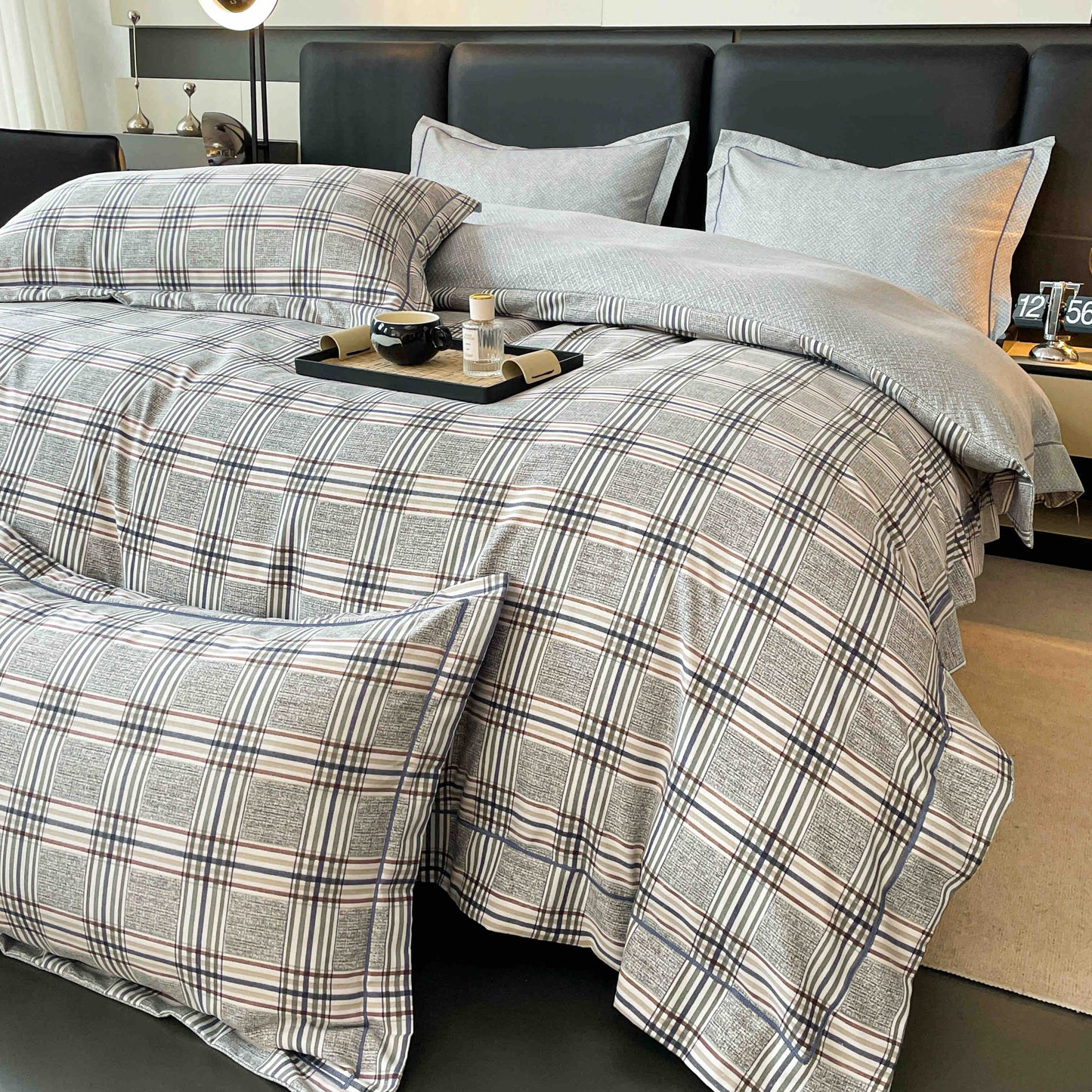 Lenjerie de Pat Dublu, Model Lux, Cutie Cadou, 6 Piese, Cearceaf cu Elastic, Bumbac, LJH-013