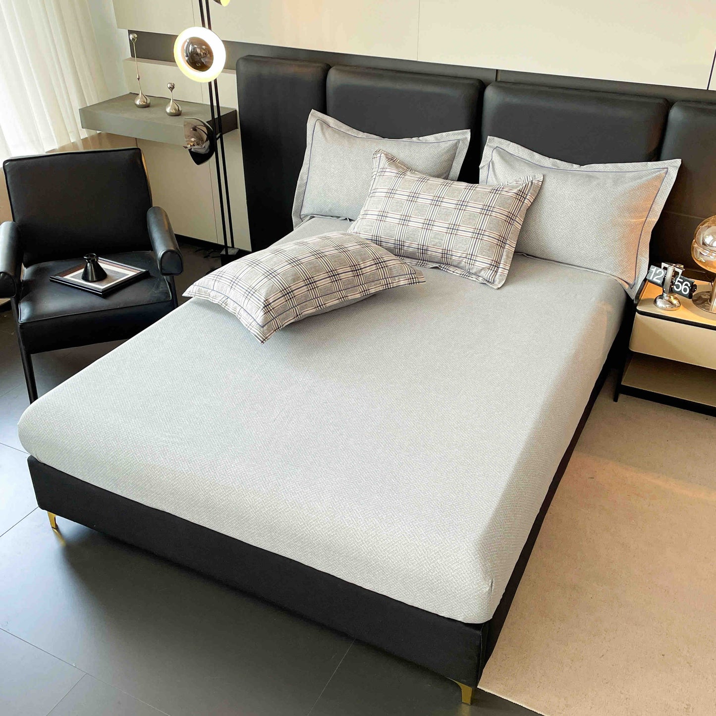 Lenjerie de Pat Dublu, Model Lux, Cutie Cadou, 6 Piese, Cearceaf cu Elastic, Bumbac, LJH-013