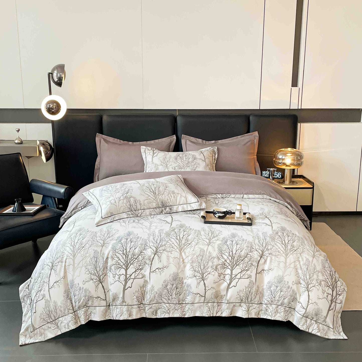 Lenjerie de Pat Dublu, Model Lux, Cutie Cadou, 6 Piese, Cearceaf cu Elastic, Bumbac, LJH-012