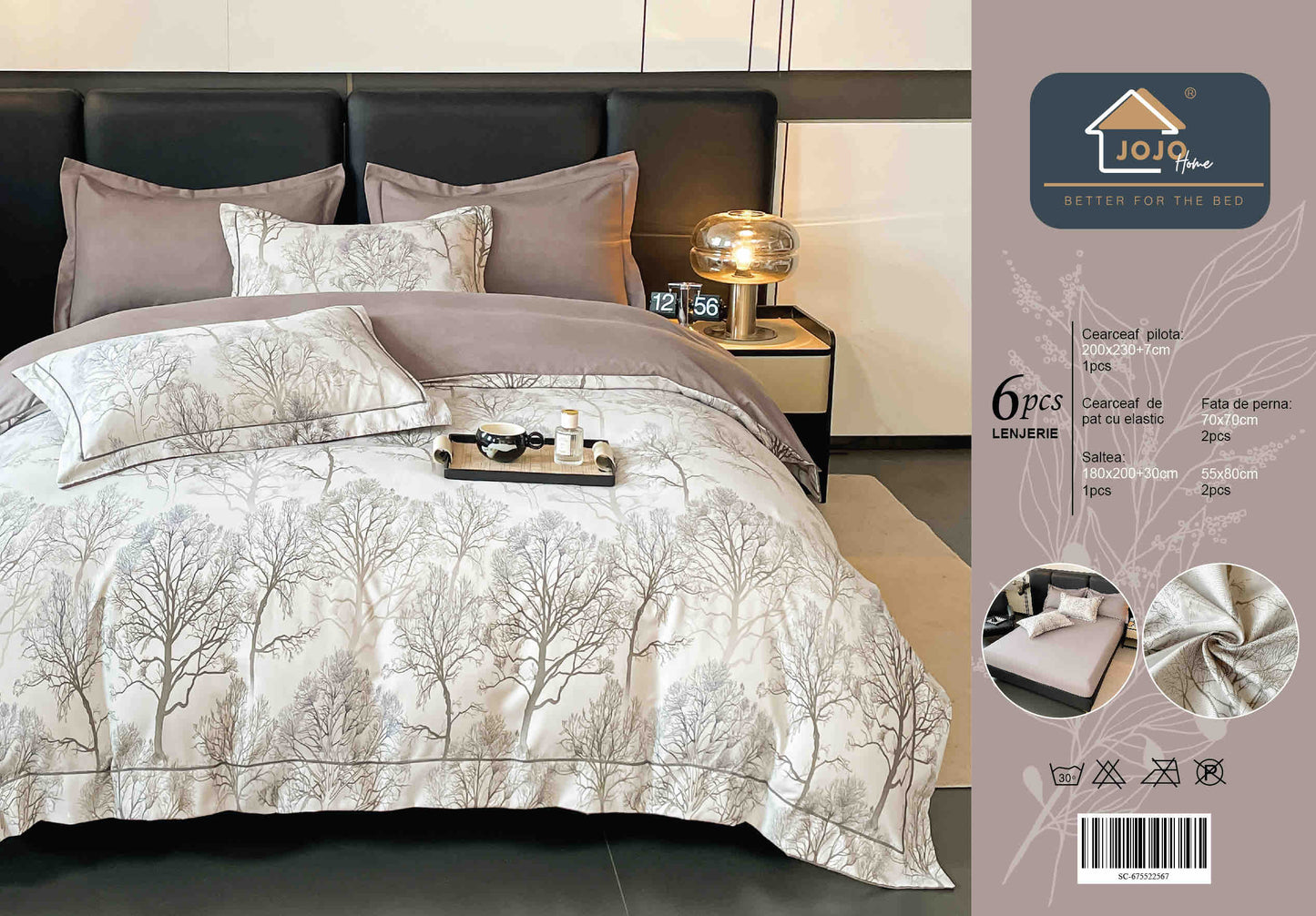 Lenjerie de Pat Dublu, Model Lux, Cutie Cadou, 6 Piese, Cearceaf cu Elastic, Bumbac, LJH-012