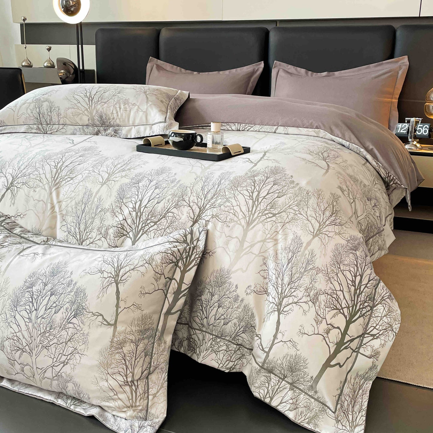 Lenjerie de Pat Dublu, Model Lux, Cutie Cadou, 6 Piese, Cearceaf cu Elastic, Bumbac, LJH-012