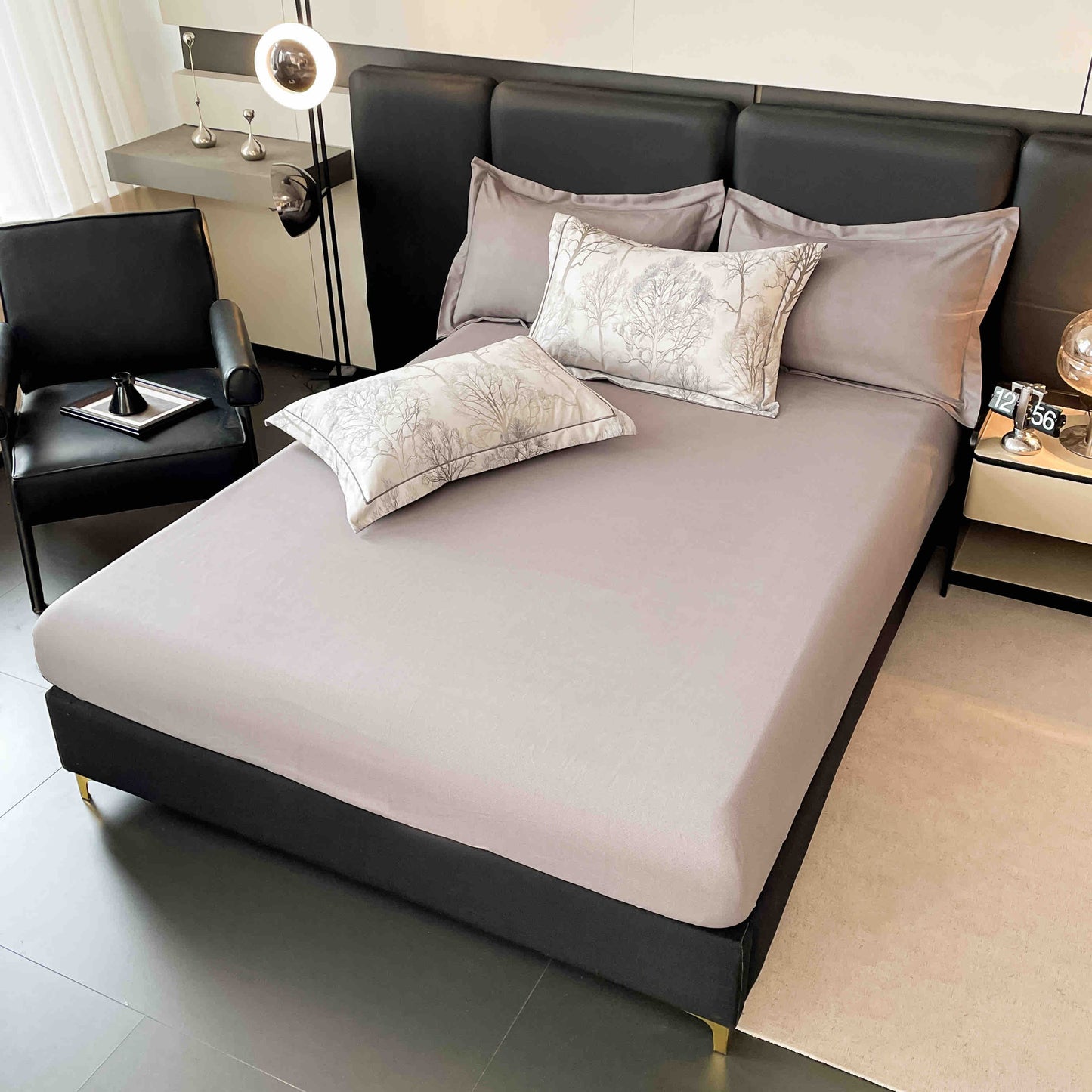 Lenjerie de Pat Dublu, Model Lux, Cutie Cadou, 6 Piese, Cearceaf cu Elastic, Bumbac, LJH-012