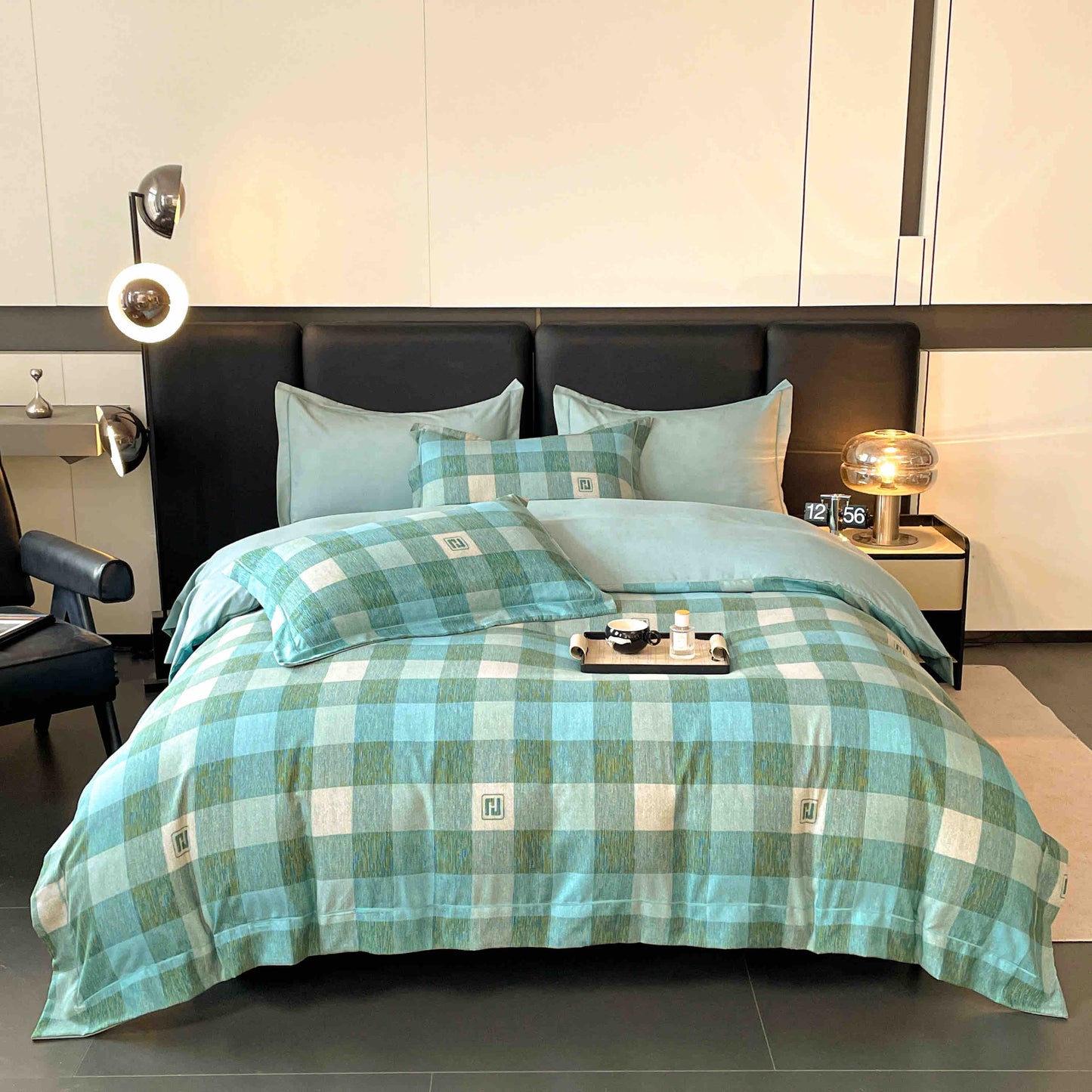 Lenjerie de Pat Dublu, Model Lux, Cutie Cadou, 6 Piese, Cearceaf cu Elastic, Bumbac, LJH-011