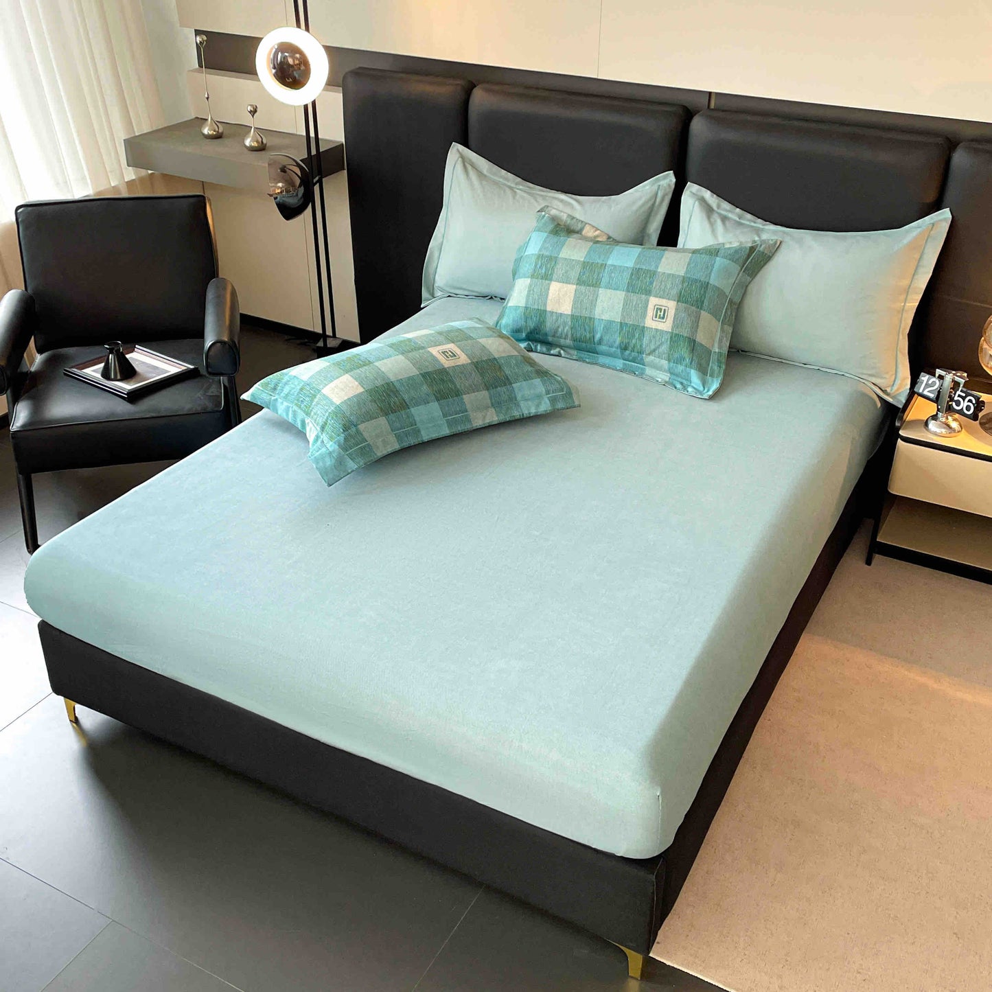 Lenjerie de Pat Dublu, Model Lux, Cutie Cadou, 6 Piese, Cearceaf cu Elastic, Bumbac, LJH-011