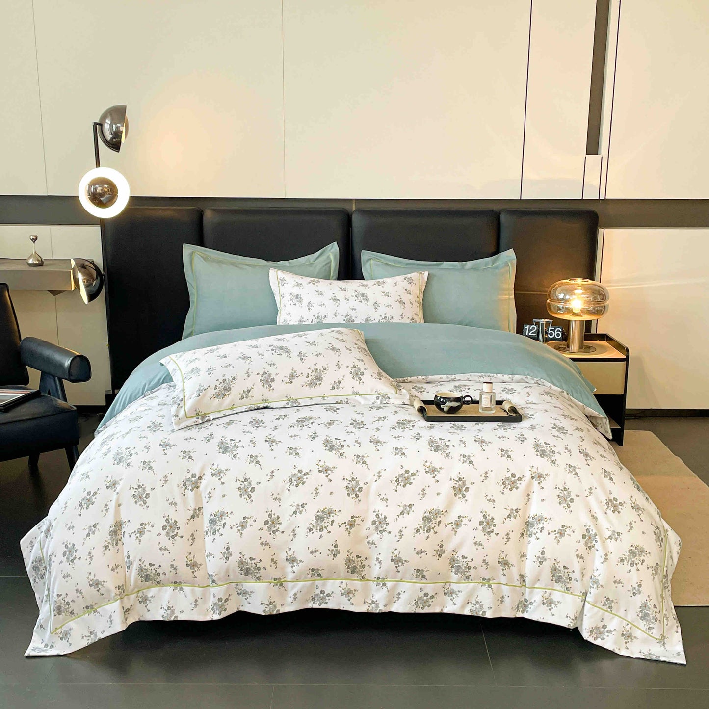 Lenjerie de Pat Dublu, Model Lux, Cutie Cadou, 6 Piese, Cearceaf cu Elastic, Bumbac, LJH-010