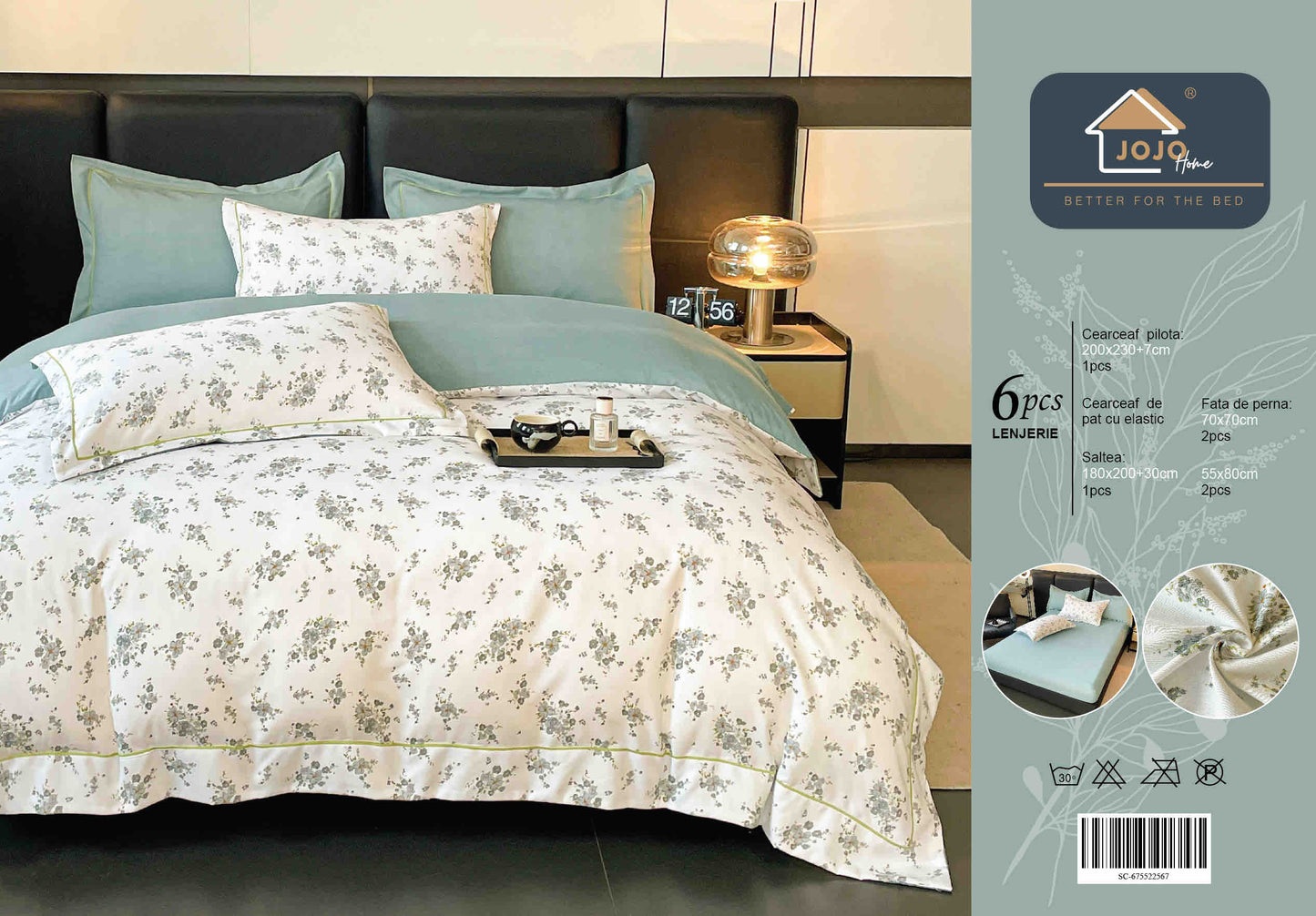 Lenjerie de Pat Dublu, Model Lux, Cutie Cadou, 6 Piese, Cearceaf cu Elastic, Bumbac, LJH-010