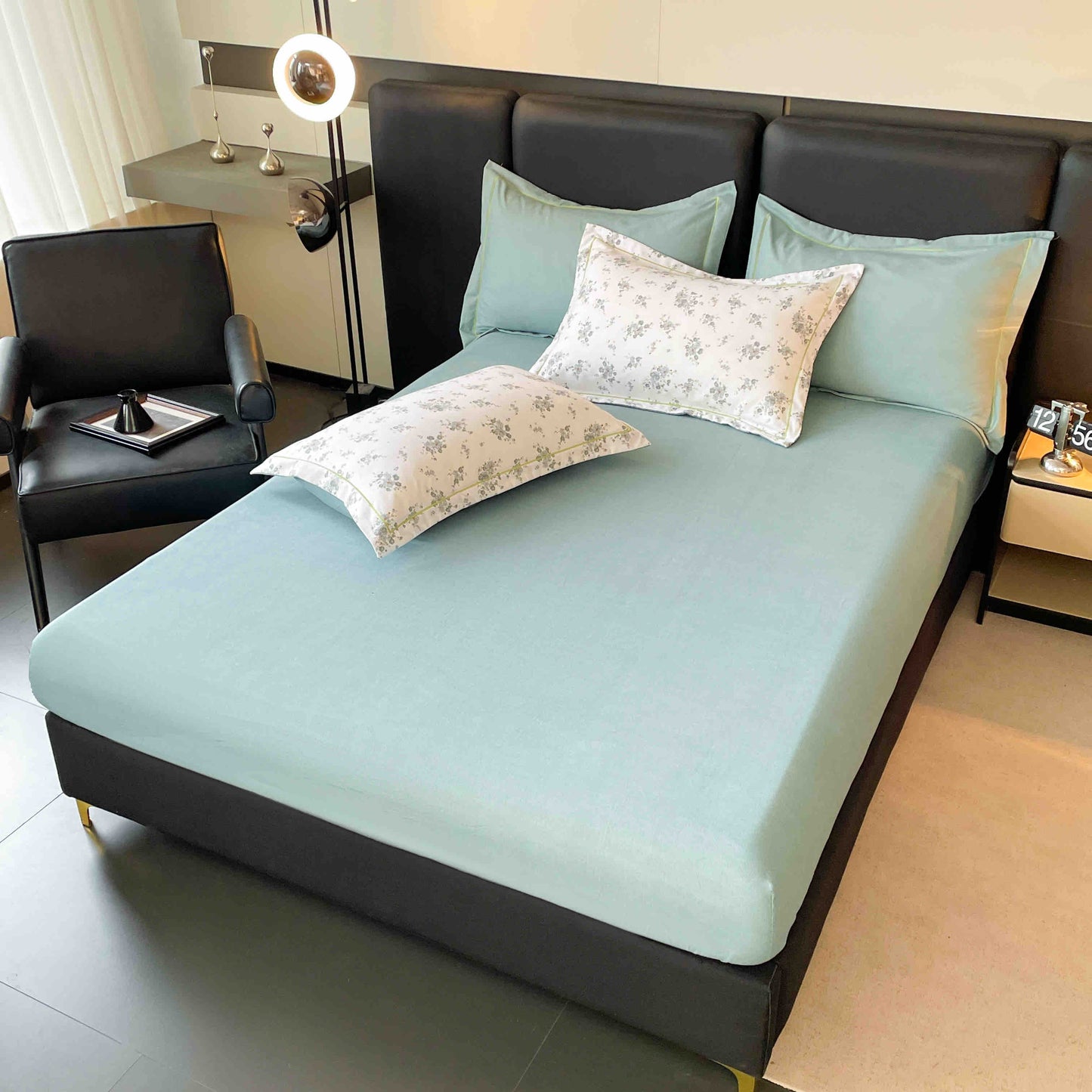 Lenjerie de Pat Dublu, Model Lux, Cutie Cadou, 6 Piese, Cearceaf cu Elastic, Bumbac, LJH-010