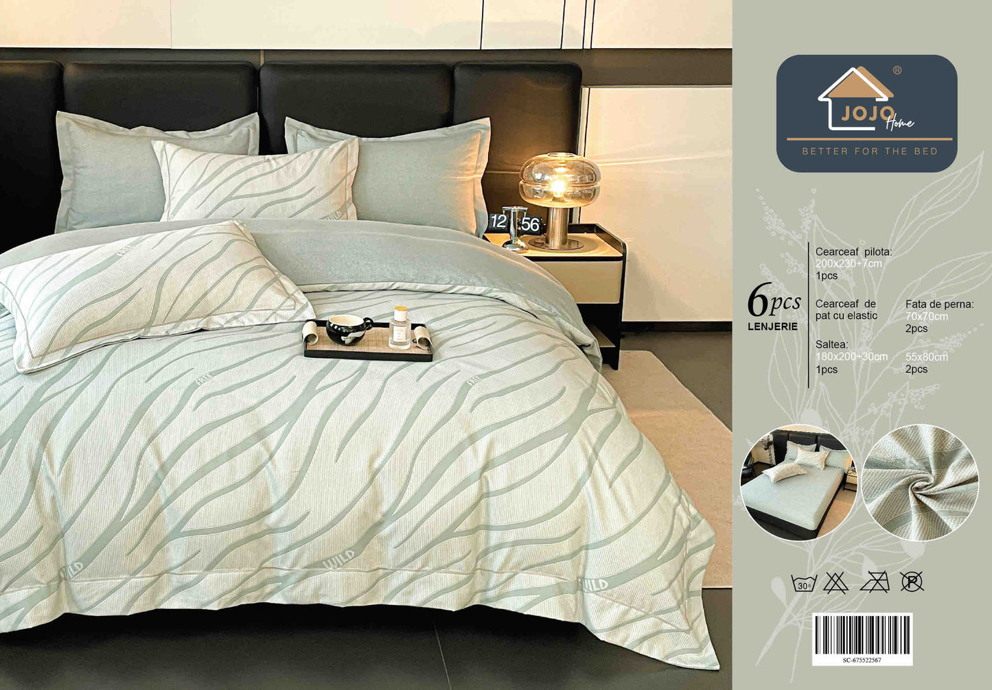 Lenjerie de Pat Dublu, Model Lux, Cutie Cadou, 6 Piese, Cearceaf cu Elastic, Bumbac, LJH-08