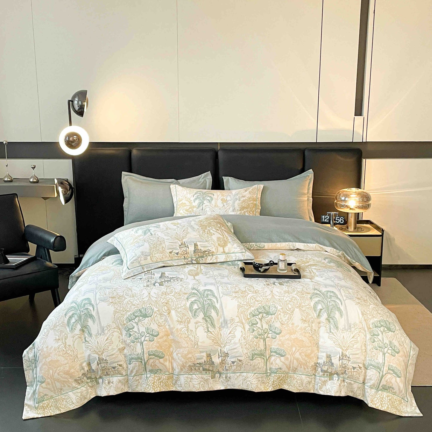 Lenjerie de Pat Dublu, Model Lux, Cutie Cadou, 6 Piese, Cearceaf cu Elastic, Bumbac, LJH-07